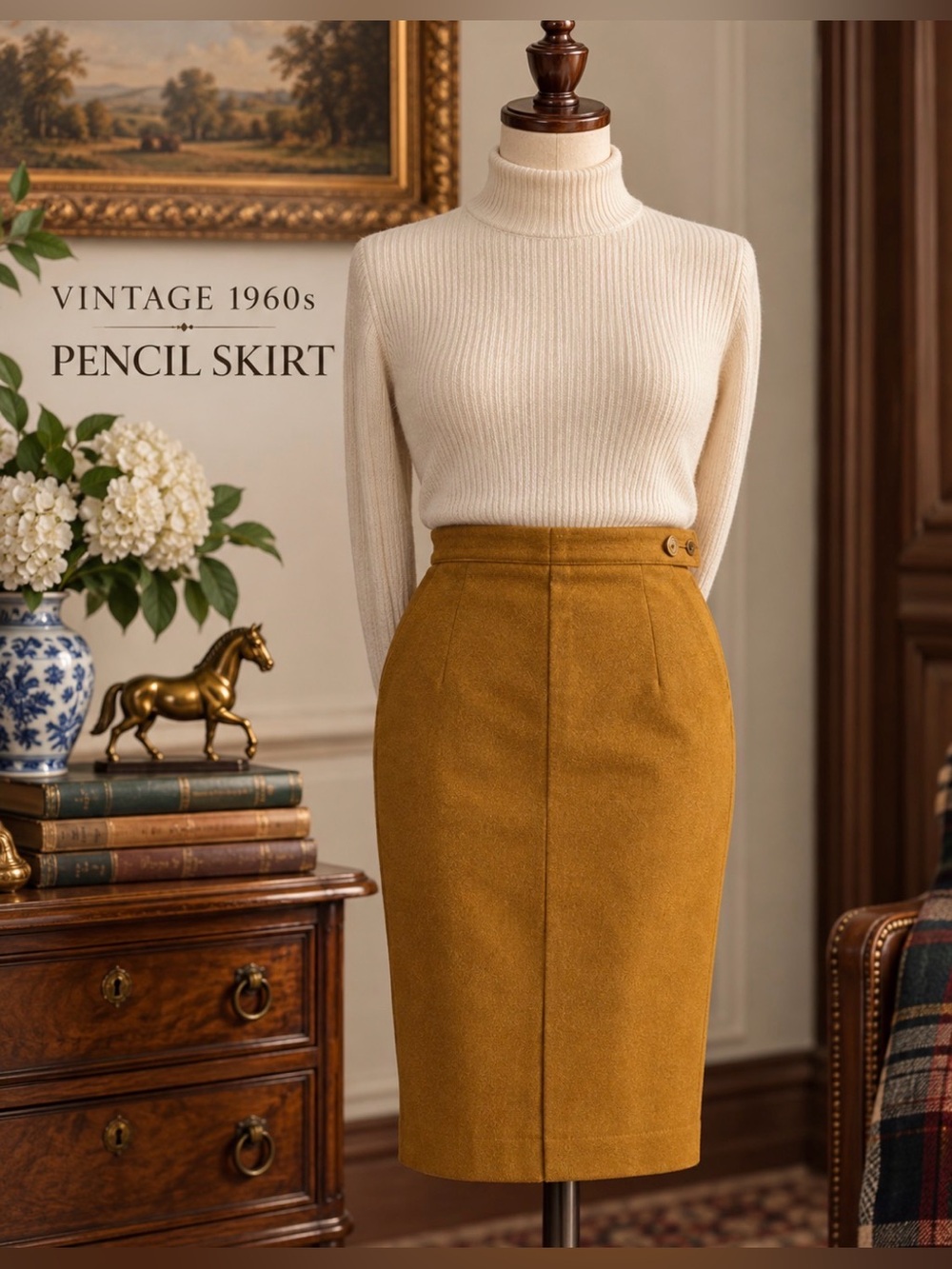 Vintage 1960’s -Bowling uniform by Distinctively Days- Mustard Wool Pencil Skirt